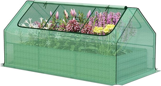Aoodor 6 x 3 x 3 ft Raised Garden Bed with Mini Greenhouse Kit, Metal Planter Box with 2 Roll-Up Zipper Doors for Vegetables, Herbs, and Flowers