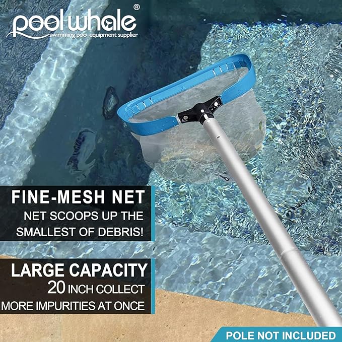 POOLWHALE Pool Net - Professional 20" Swimming Pool Leaf Skimmer Rake, Aluminum Frame Deep Nylon Bag, Ultra Fine Mesh Nets for Cleaning Leaves, Sand, Pollen, Finest Debris (No Pole)