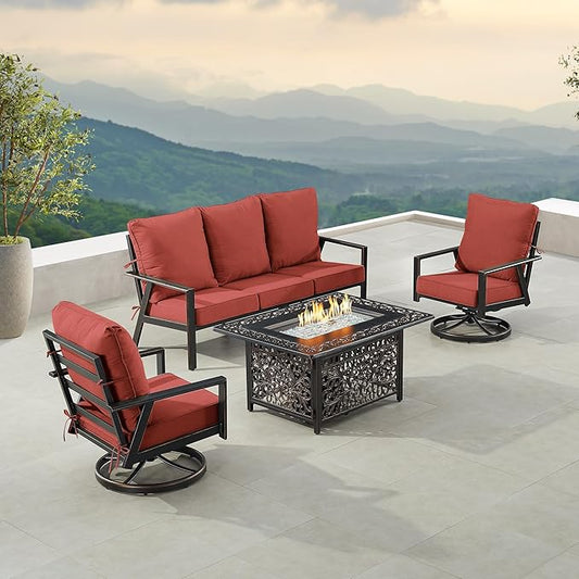 Oakland Living Black Aluminum Patio Fire Table Set with Deep Seating Sofa with Cushion and Two Club Chairs with Red Cushions