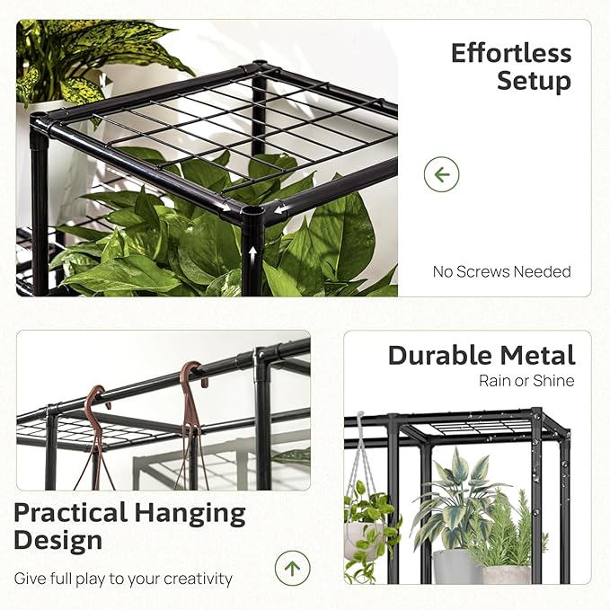 Plant Stand Outdoor Tall Plant Shelf Indoor Metal Large Hanging Plant Cabinet Waterproof Plant Rack Flower Holder for Living Room Patio Balcony Garden Black