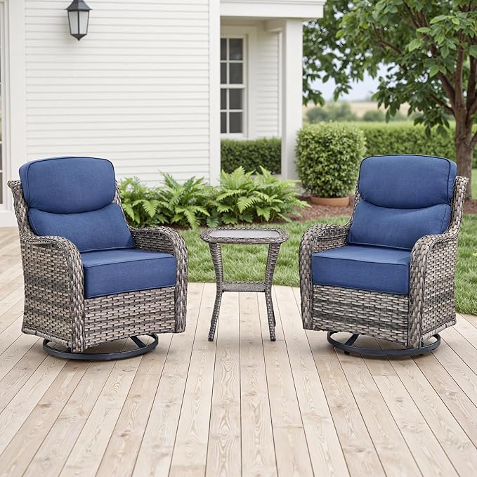 Outdoor Patio Swivel Rocker Chairs Set of 2, Waterproof Wicker, High Back, Deep Seating, Wide Armrest, Upgraded 6 inch Thick Cushions, Side Table, Ideal for Deck Porch Yard, Mixed Grey-Blue
