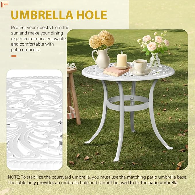 Outvita Patio Side Table, 23.6in Outdoor Round Cast Aluminum Bistro Table with Umbrella Hole and Antique Design for Backyard Porch Pool Balcony Deck White