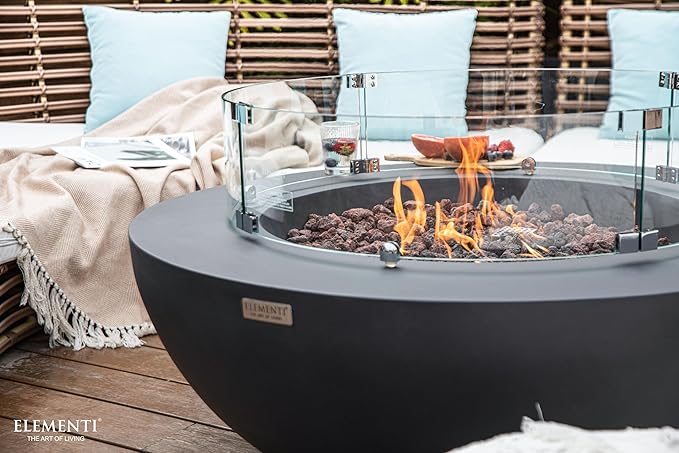 Elementi | Bundle Lunar Gas Fire Pit Cast Concrete 42" Round Fire Table, Outdoor Fire Pit Electronic Ignition | Canvas Cover, Lava Rock Included | Dark Gray (Propane Gas)