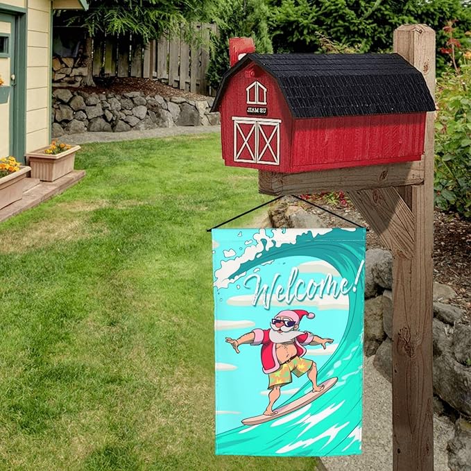 Christmas Santa Claus Hawaii Surfing Beach Garden Flag Welcome Party Outdoor Outside Decorations Picks Home House Garden Yard Decor 12x18 Inch