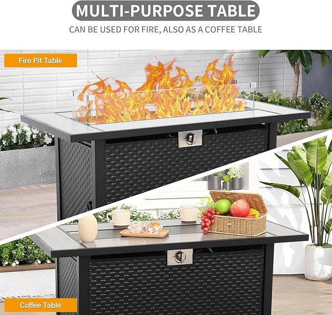 Rattaner 45 Inch Fire Table for Outside 60000 BTU Steel Gas Pit Outdoor with Woodgrain Marble Tabletop Glass Wind Guard Cover and Blue Crystal Beads