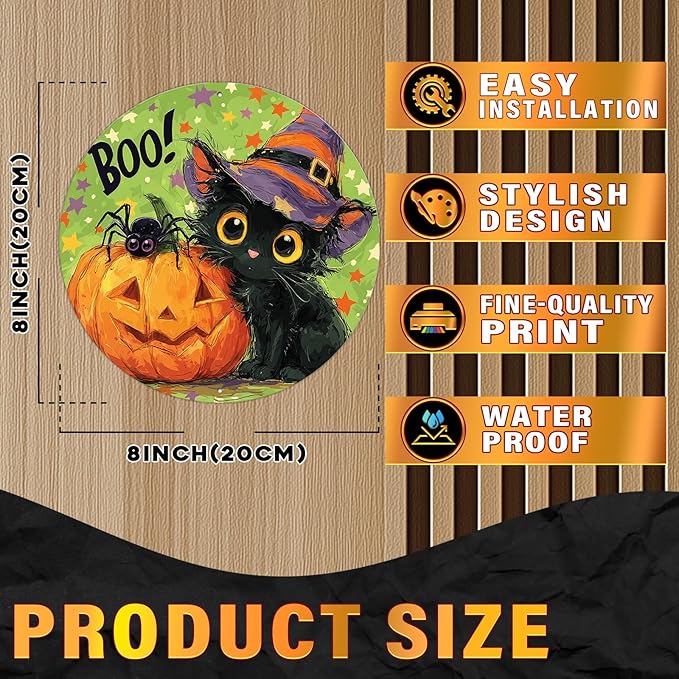 PEACHGARDEN Halloween Black Cat Round Metal Tin Sign Vintage Boo Decor Pumpkin Retro Wall Art Plaque Iron Painting 8x8inch