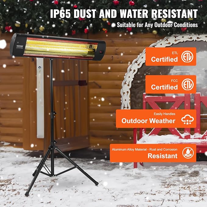 VEVOR Infrared Heater, 1500W Remote Control Electric Space Heater, LED Screen Patio Heater w/ 3 Speeds & Timer, Outdoor/Outdoor for Porch,Dining Room,Studio, with Stand & Mount to Ceiling/Wall,34in L