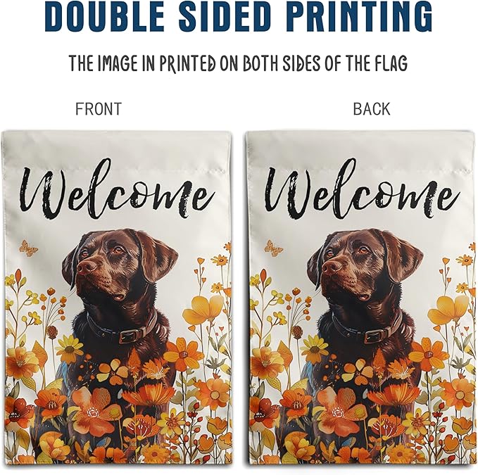 Floral Chocolate Lab Garden Flag Fall Yard Flag Wildflower Labrador Dog Garden Flags Orange Autumn Lawn Flags Welcome Thanksgiving Outdoor Flags for Outside 12x18 Double Sided Small