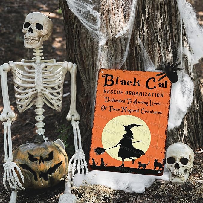 Black Cats Rescue Halloween Decor Vintage Metal Tin Sign Rustic Wall Art Gothic Home Decor Tin Plaque Retro Metal Poster for Bar Cafe 12x16inch