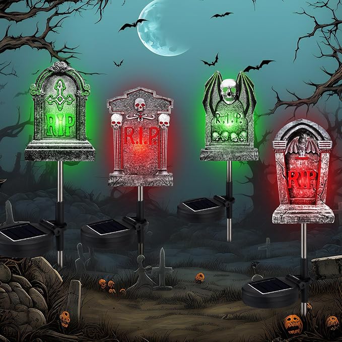 Retisee 4 Pack Halloween Tombstone Solar Lights Outdoors Graveyard Tombstones Glow in The Dark Solar Yard Decorations Waterproof Lights Pathway Halloween Party Favors for Lawn Porch LED(Gravestone)