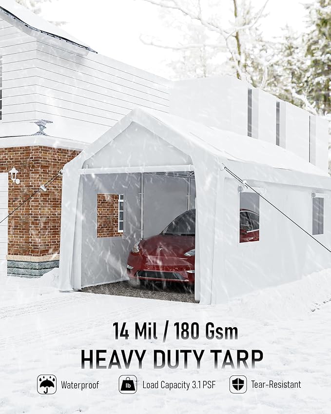 10X20 Ft Carport, Heavy Duty Portable Garage with Roll-Up Doors & 4 Windows,200g PE Tarp Waterproof & UV Protected,All-Weather Design,for Car, Boat, Truck, Motorcycle, ATVs, and SUV