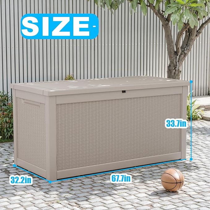 260 Gallon Large Deck Box,Resin Outdoor Storage Box with Lockable for Patio Furniture, Pool Accessories, Garden Tools Waterproof Outside Storage Box, Grey Pattern
