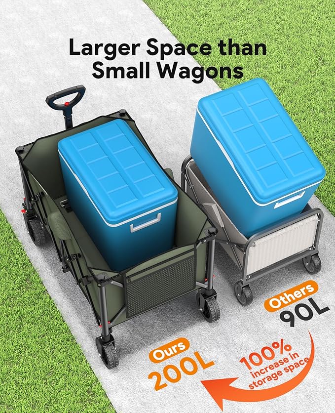 Collapsible Foldable Wagons, 440lbs Weight Capacity Beach Wagon with All-terrain Wheels, Heavy Duty Foldable Wagon, Utility Wagons Carts with Brakes for Camping, Sports, Shopping, Beach, Green & Brown