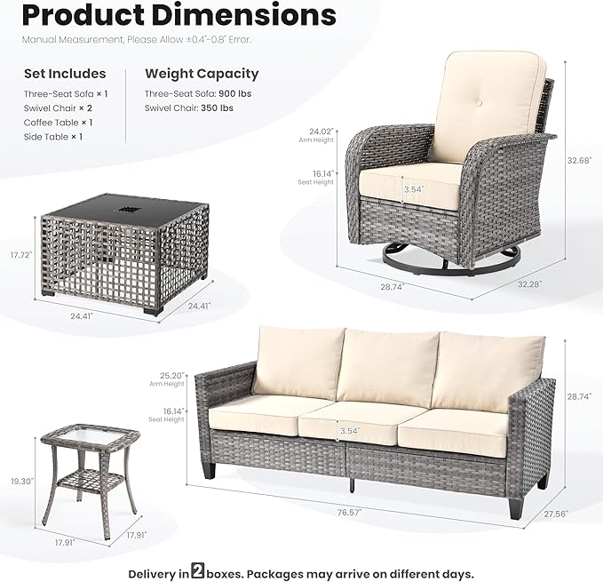 ovios 5 Pieces Patio Furniture Set, Outdoor Wicker Sofa Couch with Rocking Swivel Chairs Solar Lights Table, Modern Deep Seat Rattan Conversation Sets for Porch Deck, Beige