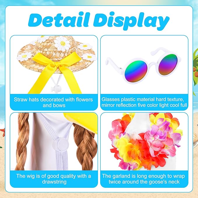 DECOHS 4 Pcs/Set Hawaiian Porch Goose Outfits, Summer Lawn Goose Statue Clothes Costume, 23"/ 17" Patio Goose Decor Hawaiian Wreath Straw Hat with Glasses Wig for Luau Party Outdoor Garden Yard Decor