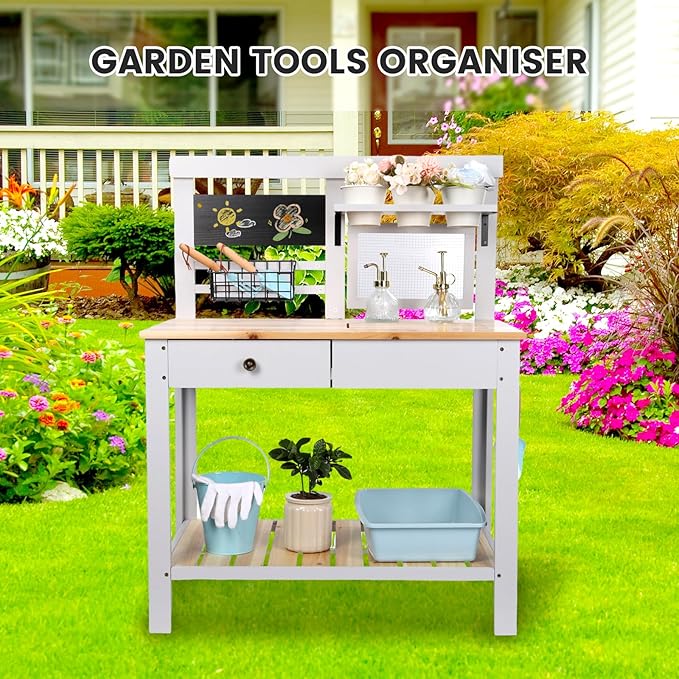 Kids Potting Bench Table Wooden Outdoor Garden Table Work Station Outdoor Garden Work Bench Platform with Removable Sink Hooks 3 Side Flower Pots Natural Wood White Gift for Boys Girls