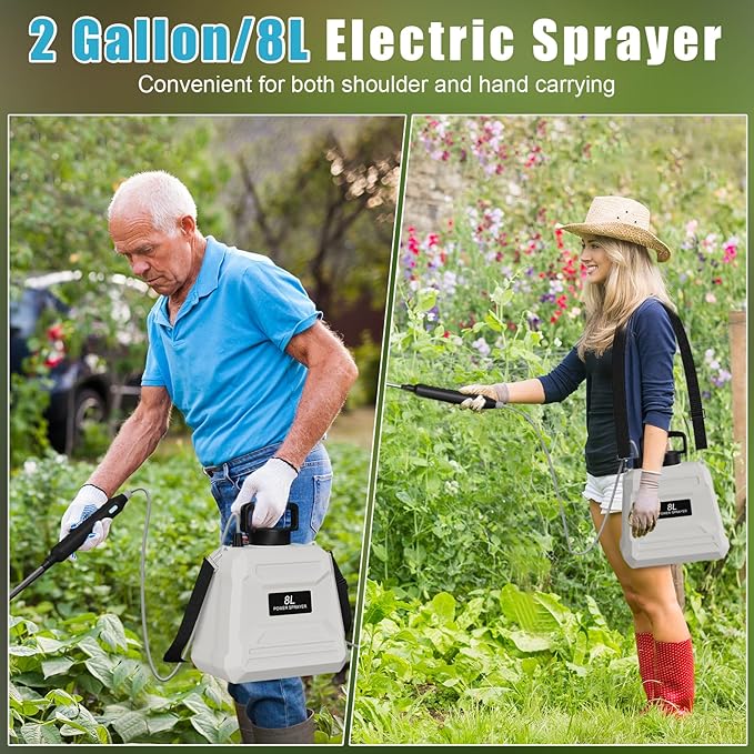 Battery Powered Sprayer 2 Gallon, 7.4V Powerful Electric Sprayer with 4 Nozzles, Rechargeable Handle with 36.22'' Retractable Wand, Adjustable Shoulder Strap, Weed Sprayers in Lawn Garden Yard (Beige)