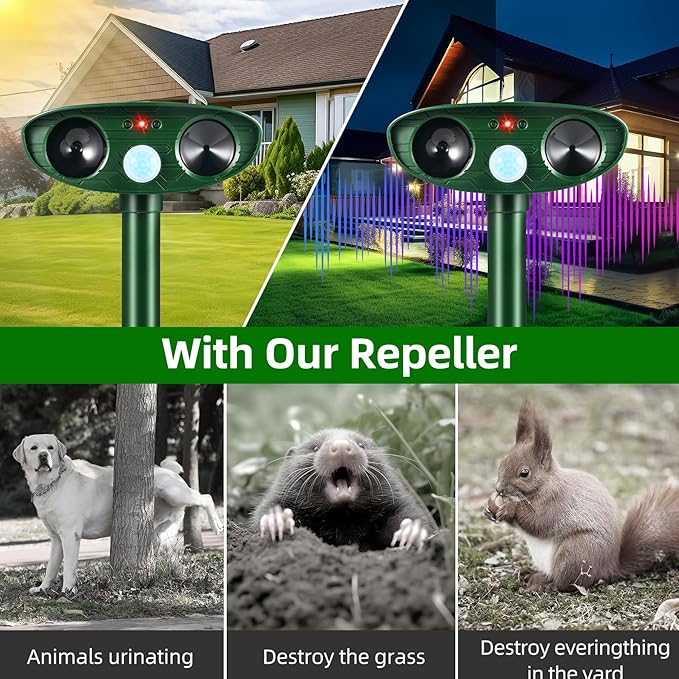 2 Pack 2025 Animal Repellent Ultrasonic Outdoor Squirrel Fortress Pro, Solar Repeller with Motion Sensor, Waterproof Dog Skunk Raccoon Rabbit Cat Deer Repellent for Yard Farm