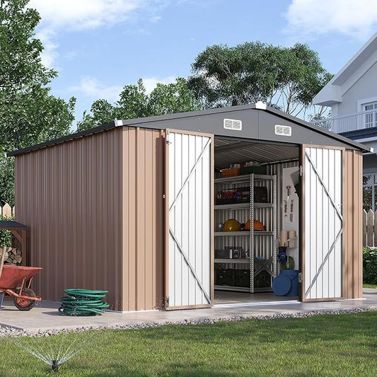 10x8FT Outdoor Storage Shed, Metal Garden Shed with Lockable Double Doors & Sloping Roof, Weather-Resistant Tool Shed for Backyard, Patio, Poolside Brown