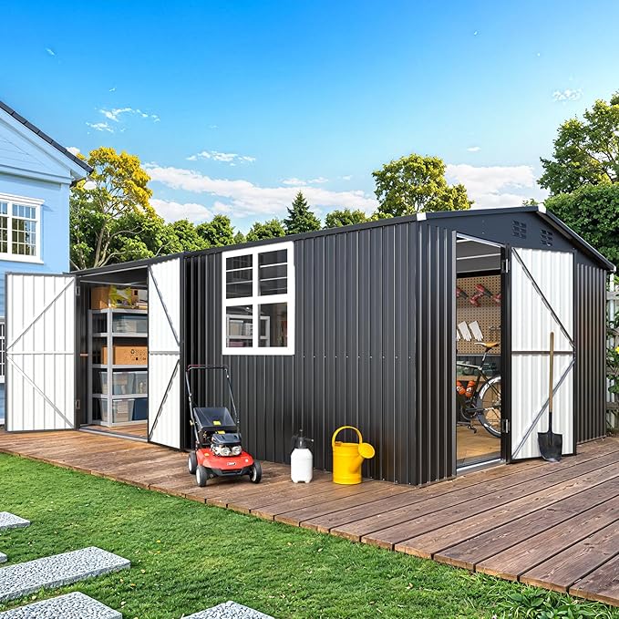AECOJOY 16' x 12' Outdoor Storage Shed, Large Metal Sheds & Outdoor Storage Clearance 12x16 with Windows, Steel Backyard Shed, Utility Tool Storage for Garden, Patio, Outside use in Dark Grey