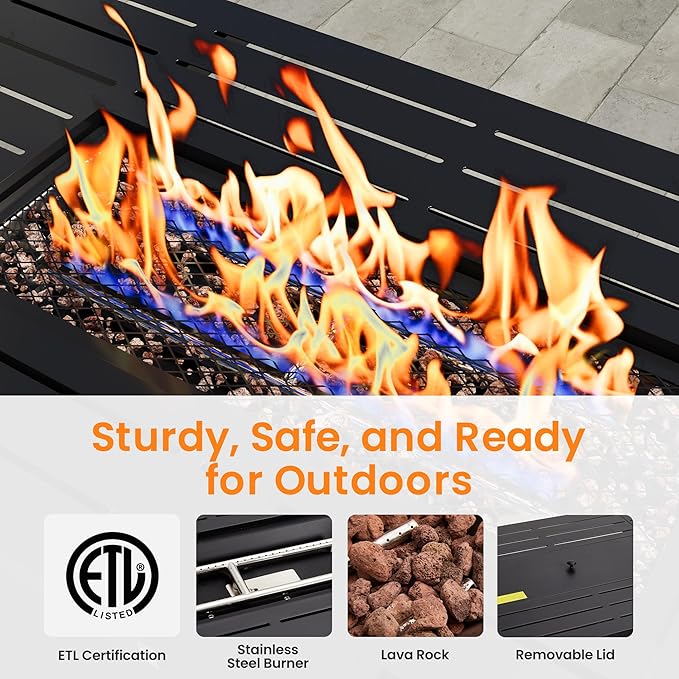 Royalcraft 43” Outdoor Propane Fire Table Set with Heavy-Duty Glass Stones, Glass Wind Guard, Lid & Water-Resistant Cover, 50,000 BTU Metal Fire Pit Table, Rectangle Fire Pit Table for Patio, Deck