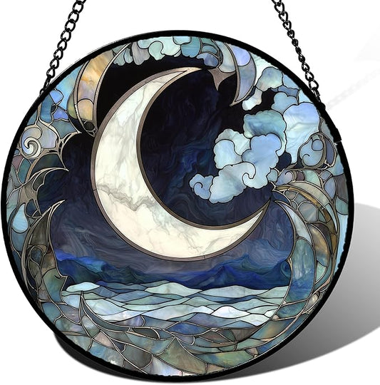 Stained Glass Window Hanging - Abstract Sea of Clouds Moon Sun Catcher for Door Terrace Garden Home Decor, Gray Blue Suncatcher Birthday Gifts for Lovers Women Men Dad Mom Nana 9.8 in