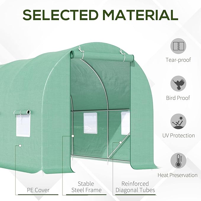 Outsunny 15' x 6' x 7' Walk-in Tunnel Greenhouse, Garden Green House with Roll-Up Door and Windows, PE Cover, Plant Growing House for Patio Backyard Garden, Green
