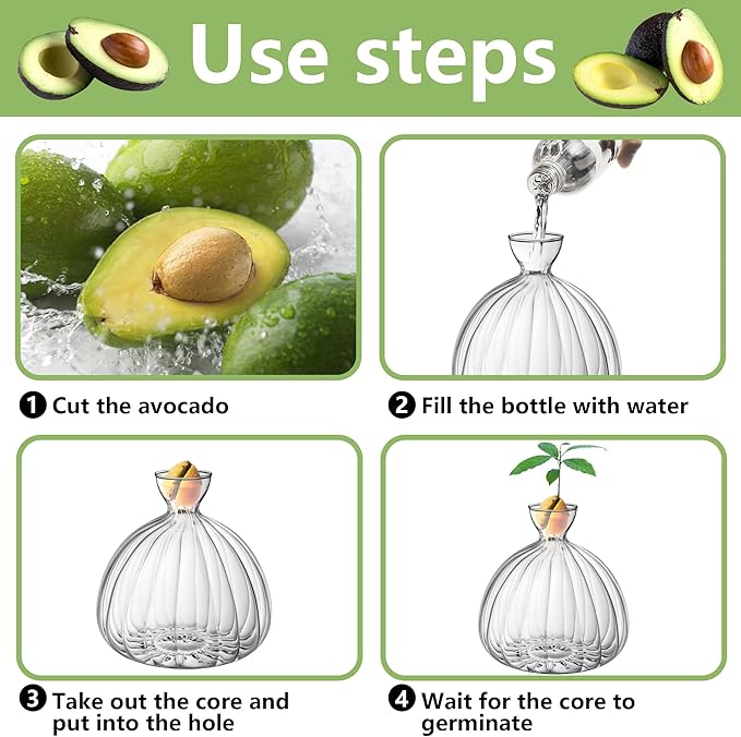 Avocado Seed Starter Vase,Thickened Striped Avocado Seed Sprout Glass Container, Avocado Tree Planting Growing Kit with Avocado Sticker for Plant Gardening Lover (Striped)