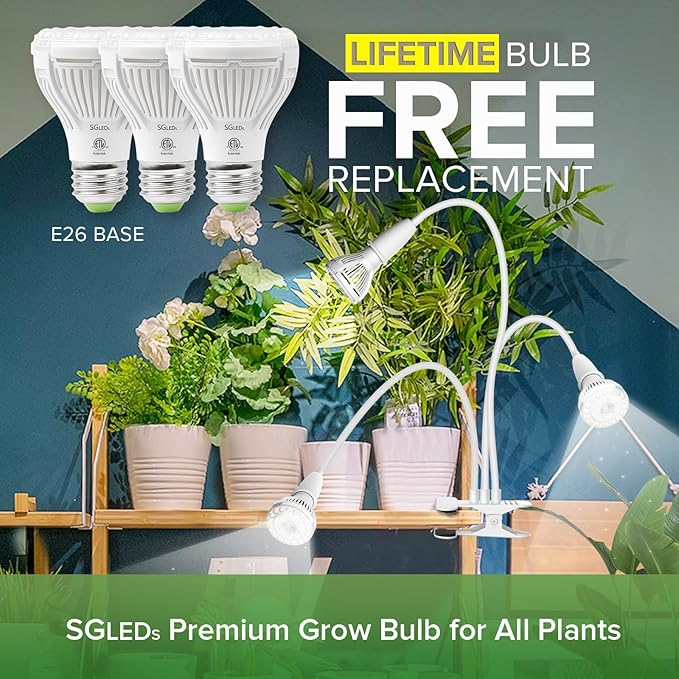 Grow Lights for Indoor Plants, LED 30 W Full Spectrum Bulb Replaceable Plant Light, 450 W Equivalent Clip on Grow Light with Optical Lens for Indoor Growing, Lifetime Free Bulb Replacement