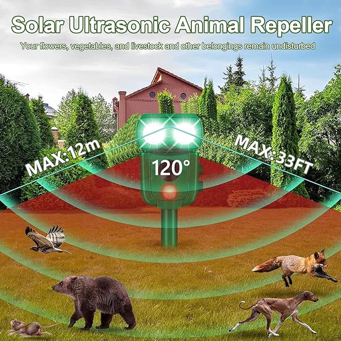 Solar Ultrasonic Animal Repeller, Outdoor Cat Deterrent with Motion Sensor, Waterproof Fox Repellent, Humane Pest Control for Dogs, Rats, Birds (1 Count (Pack of 1))