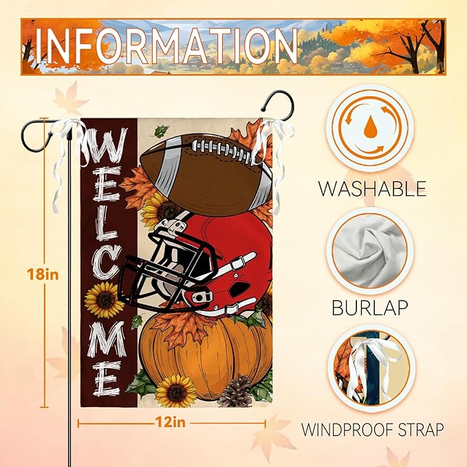 Fall Football Garden Flag Pumpkin Welcome Burlap Yard Flag Autumn Sports Game Sign House Banner Thanksgiving Seasonal Sunflower Garden Flags 12x18 In for Outdoor Lawn Farmhouse Outdoor Decor