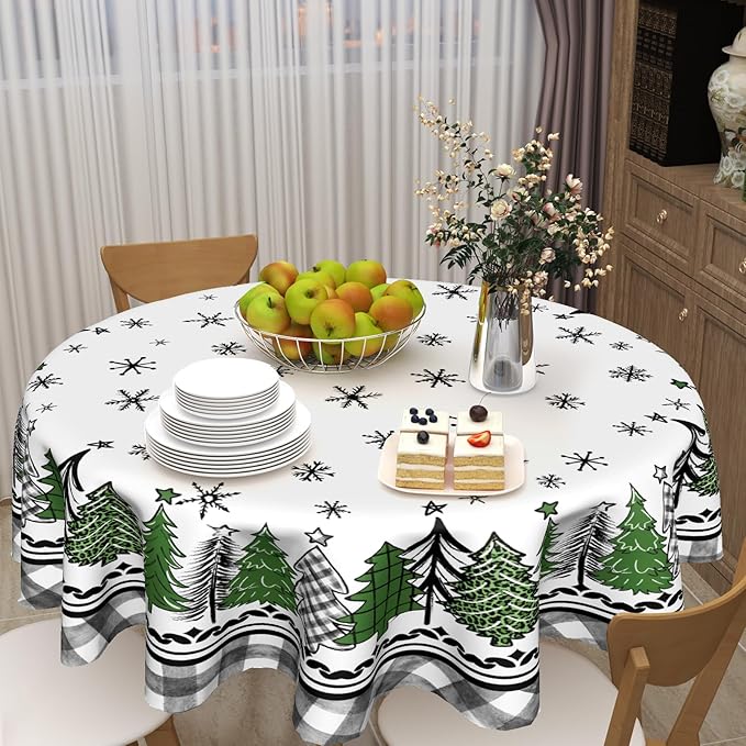 Giwawa Christmas Round Tablecloth 60 Inch,Green and Black Buffalo Plaid Xmas Trees Snowflakes Theme Country Reusable Wrinkle Resistant Table Cover for Holiday Party Dinner Table Decor
