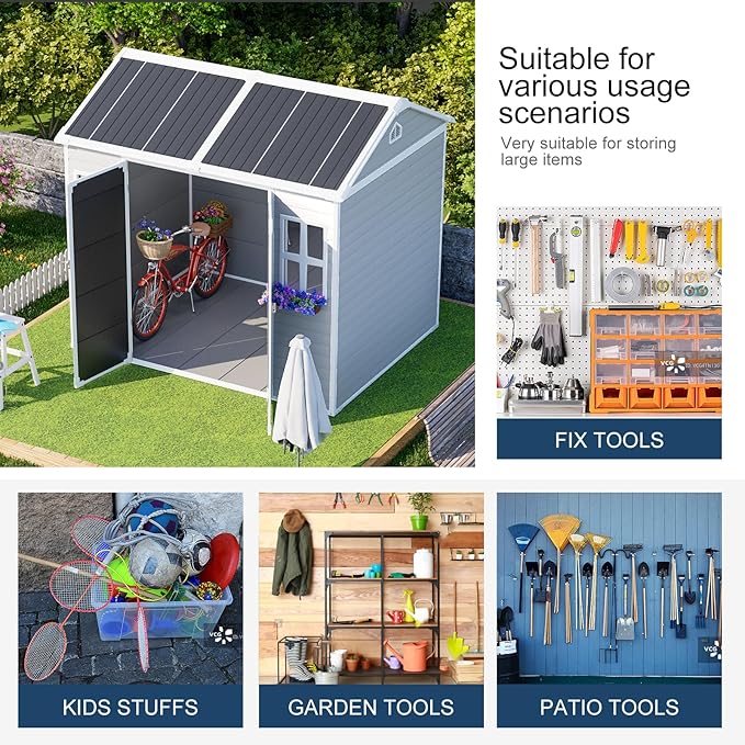 Restland Resin Storage Shed with Floor 8x6 FT Outdoor Waterproof Wider Door Plastic Sheds Kit for Backyard Garden Patio Lawn Tools, Gray
