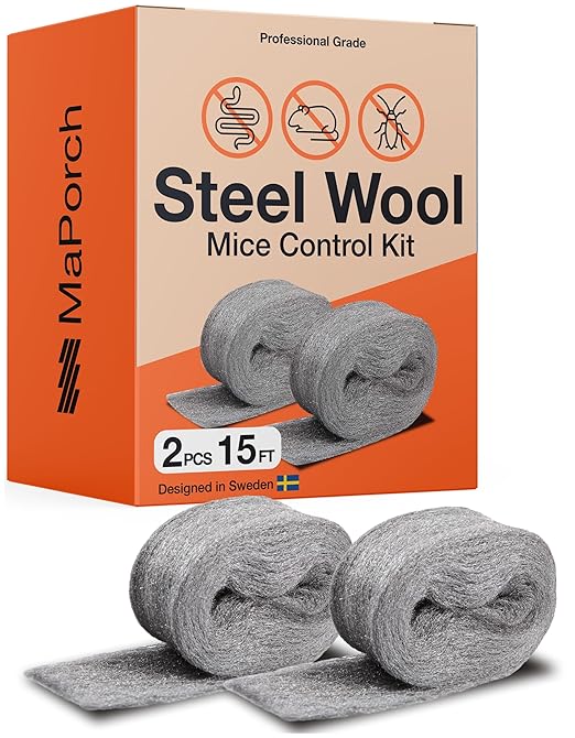 MaPorch Stainless Steel Wool Mouse Hole Filler - 2-Pack, 3.2 in x 7.5 ft - Flexible Gap Filler & Rodent Defense - for Weep Hole & Brick Wall Seals