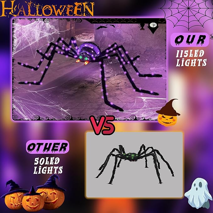 6.8Ft Giant Spider Halloween Decorations Outdoor 82" Light Up Spider with 115 LED Lights for Front Yard, Porch, Garden, Lawn, Halloween Party (Purple)