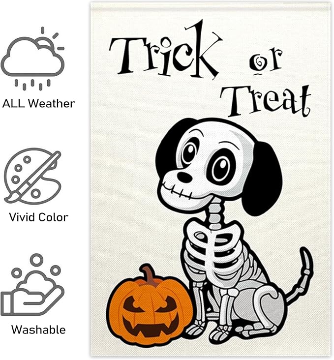 ChloropLastid Halloween Trick or Treat Garden Flag Ghost Dog 12x18 Inch Double Sided Skeleton Pumpkin Welcome Burlap Yard Flag Outside Decorations
