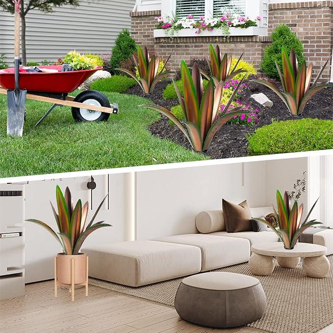 TOMBABY Enlarge thickened Wind Resistant Metal Agave Garden Art Plant Country Sculpture Statue Outdoor decoration Courtyard Lawn Ornament Gift (12 Leaves Green 2 pcs) (TB-410-415)