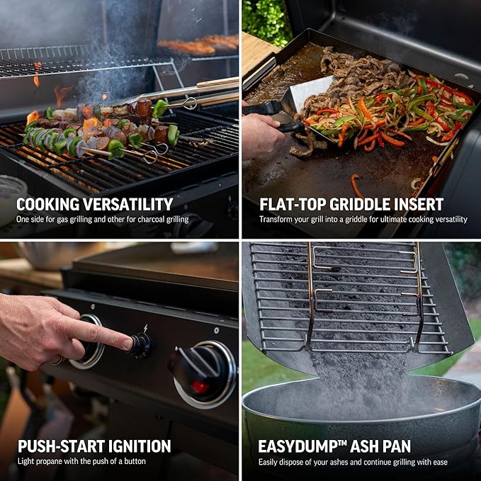 Char-Griller Flex Fuel Plus 3 in 1 Gas and Charcoal Grill Griddle and Smoker Combo 30000 BTUs Outdoor BBQ with Flat Top Griddle Insert Dual Fuel Backyard Grill Station, CG30281224