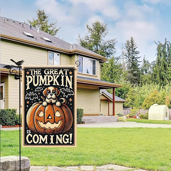 Halloween Garden Flag Pumpkin Dog Design Outdoor Yard Banner Autumn Fall Decoration Jack O Lantern Pumpkin Lawn Holiday Party Home Decor 12x18 Inch Double Sided Seasonal House Flag