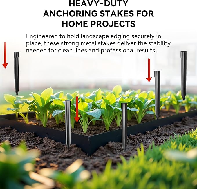 Metal Landscape Edging Stakes, 13Pcs 8Inch Galvanized Steel Garden Stakes Solid Top Curved Anchoring Spikes with Reinforcing Rib, for Corrugated Edge, Terrace Decor, Black