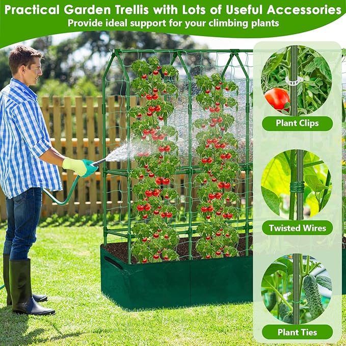 Large Cucumber Trellis for Climbing Plants with Grow Bag, 67"×65"×16.5" Metal Garden Trellis for Raised Bed with Garden Netting and Plant Clip Plant Ties for Vegetables, Squash, Pea, Grape, Tomato