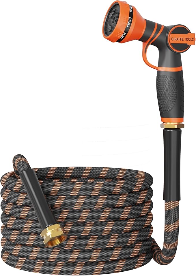 Giraffe Tools Garden Hose 25FT 1/2” Non-Expandable Lightweight Flexible Water Hoses Burst 600 psi with 9 Spray Function Nozzle Heavy Duty Hose