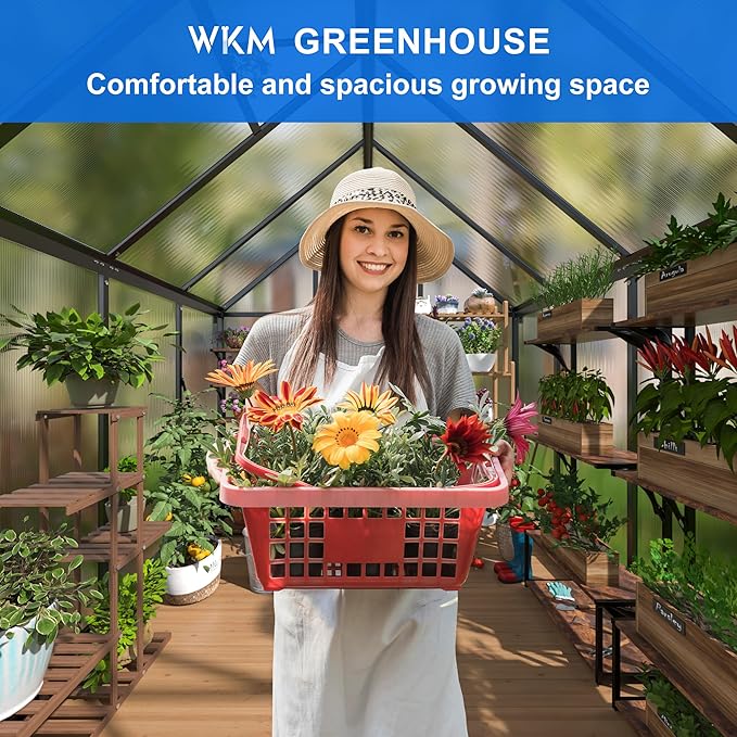WKM 5.8x7.3 FT Greenhouse for Outdoors, Quick-fit Structure Greenhouse with Window for Ventilation, Aluminum Green House for Garden Backyard, Black