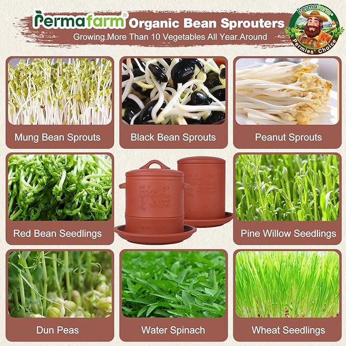 Permafarm® Organic Bean Sprouter, Natural Earthen-Clay Mung Bean Sprouter, Sprouts Growing Kit for Soybeans, Broccoli, Alfalfa & More | Lead-Free, Cadmium-Free (Large Size for Family)