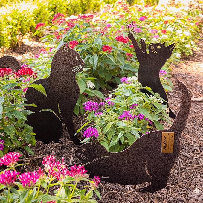 RealSteel I 3 Pack Steel Cat Garden Decor I Outdoor Yard Decorations I Gift for Cat Lovers I Lawn Ornaments and Statues I Garden Signs Decorative Outdoor - Rust