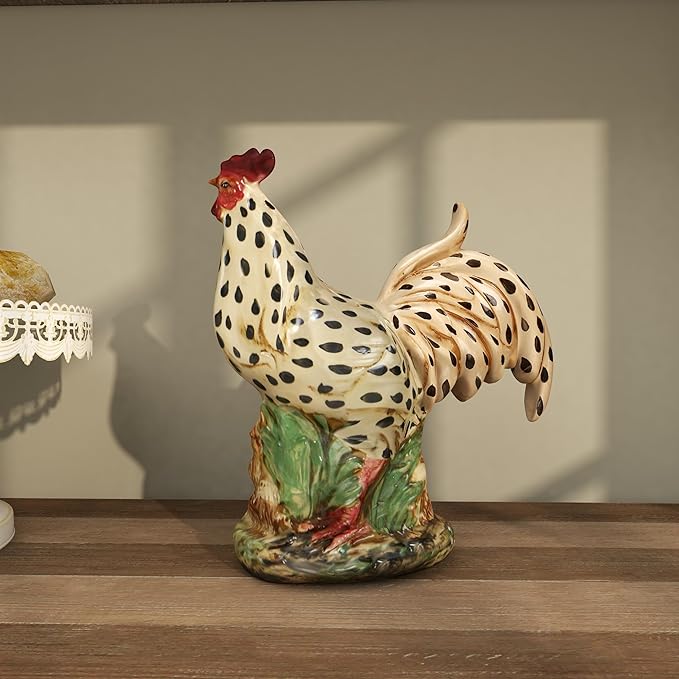 Deco 79 Ceramic Rooster Decorative Garden Sculpture Spotted Indoor Outdoor Garden Statue with Black and Red Accents, Outdoor Sculpture 13" x 6" x 14", Beige