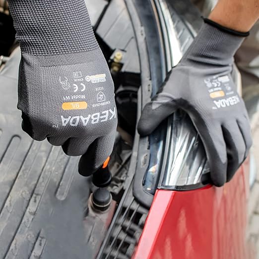 Kebada W1 Work Gloves for Men and Women, Touchscreen PU Coated Gloves with Grip, 50 Pairs Bulk Pack, Ideal for Warehouse Package Handling, Construction, Gardening, Gray Medium