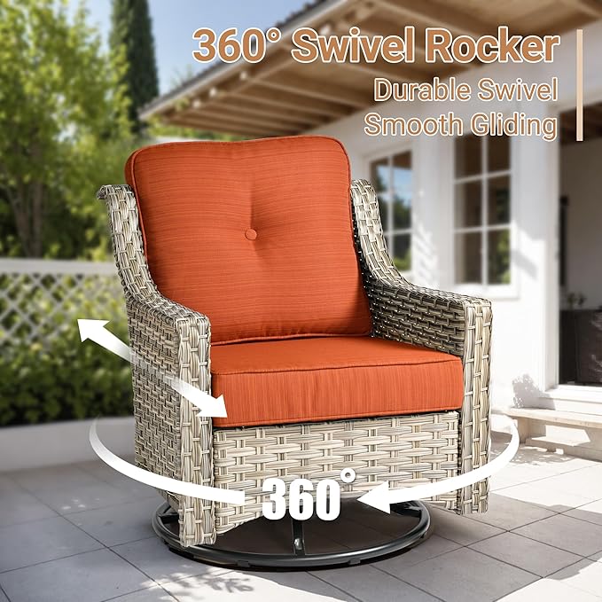 HOOOWOOO Outdoor Patio Furniture Set,8 Pieces Wicker Out Door Sectional Furniture L Shaped Couch,Patio Conversation Sets with Swivel Rocking Chair LED Table,Brick Red
