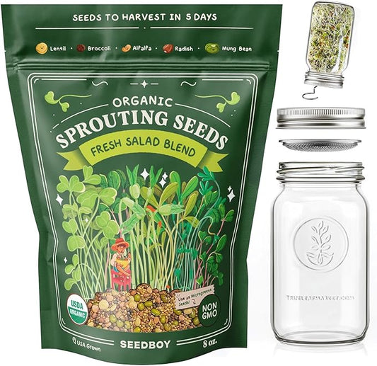 Seedboy Sprouting Kit Bundle - Sprouts Growing Kit with Jar, Lid, Stand and Organic Salad Blend Seeds (8 oz Bag, 24 Servings) - Non-GMO, USA Grown Microgreens - (Sprouting Jar/Salad Blend)