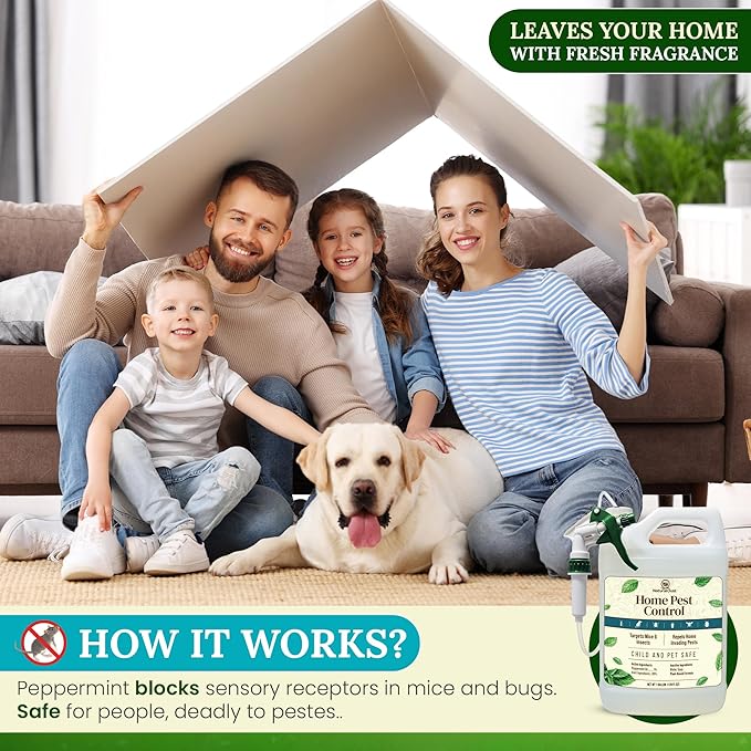 Peppermint Oil Rodent Repellent, Roach Ant Spider Bug Insect Killer, Eco Friendly Pest Control to Repel Mice, Humane Repeller Alternative to Mouse Trap, Family & Pet Safe (1 gal, Peppermint)